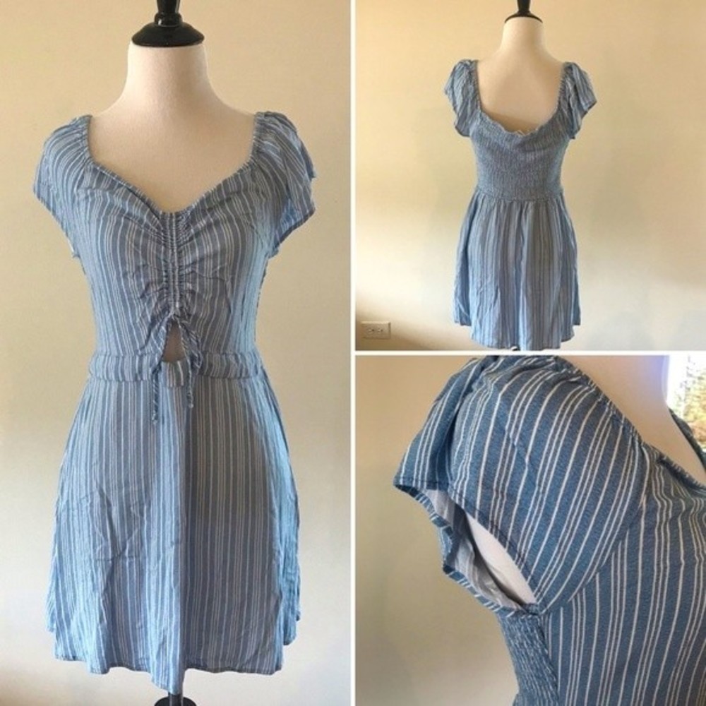Aeropostale Blue and White Striped Keyhole Smocked Mini Dress - Size Large